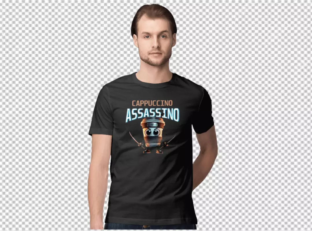 Man wearing a black t-shirt with a humorous 'Cappuccino Assassino' ninja coffee cup design