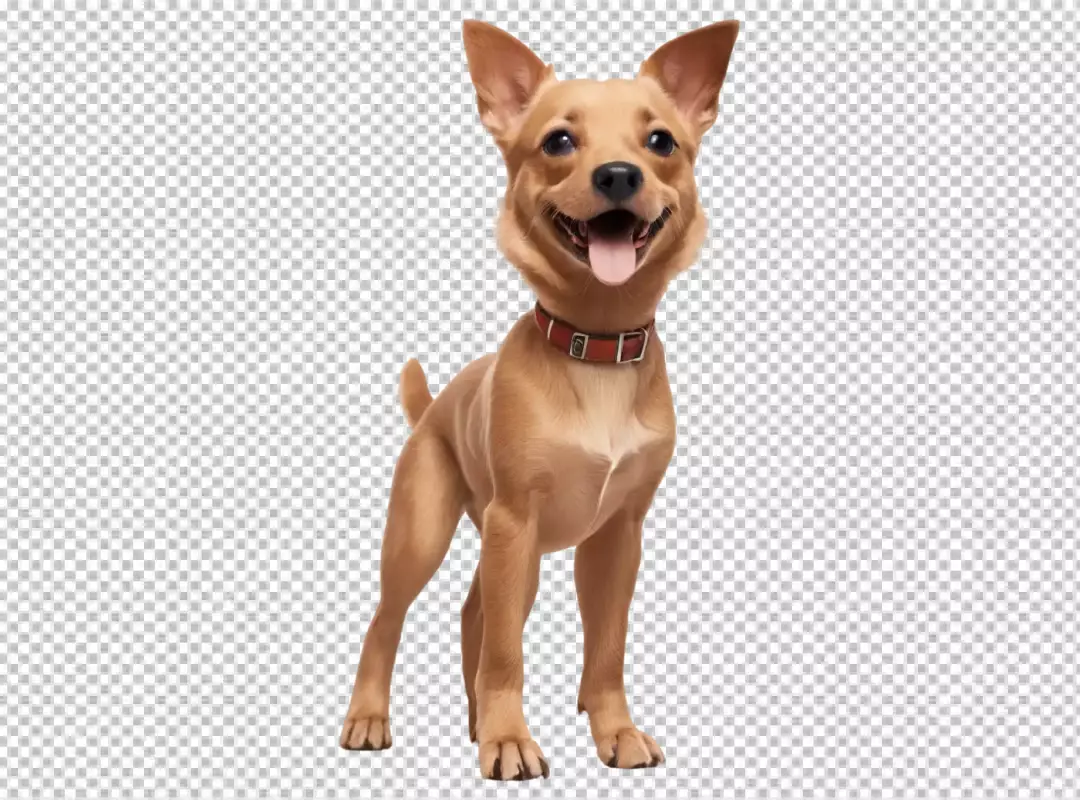 Happy Small Tan Dog with Red Collar on White Background Smiling Joyfully