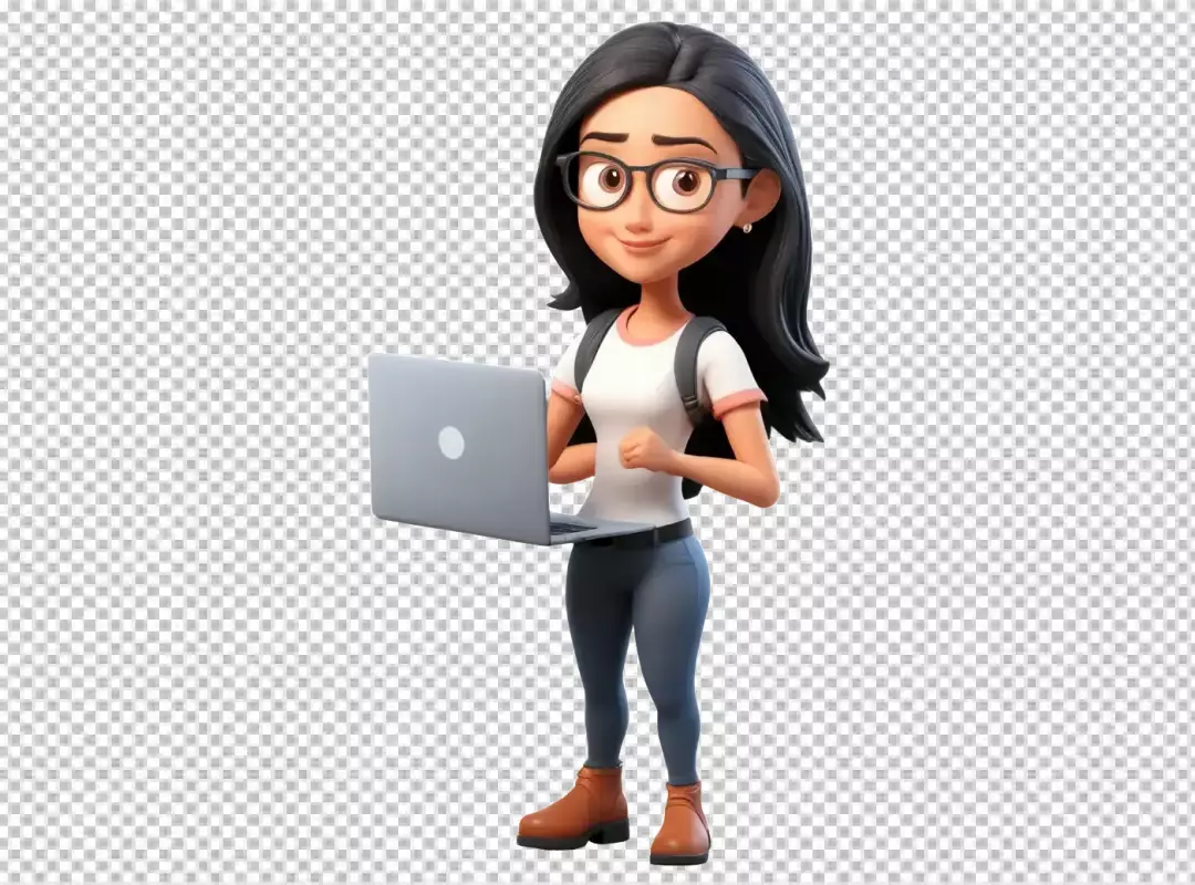 Smiling 3D Animated Female Student with Laptop and Backpack, Engaging with Technology