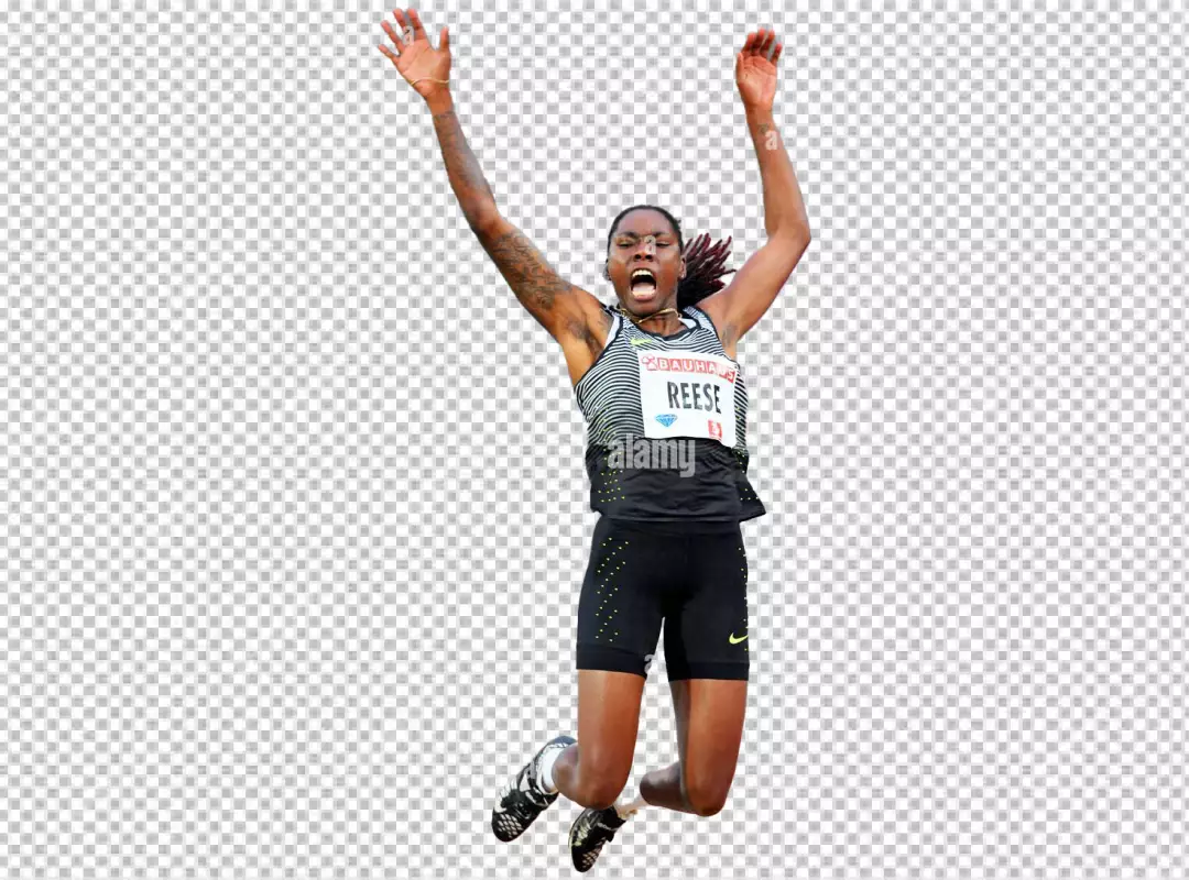 Dynamic Female Athlete in Mid-Air Long Jump Competition with Arms Raised