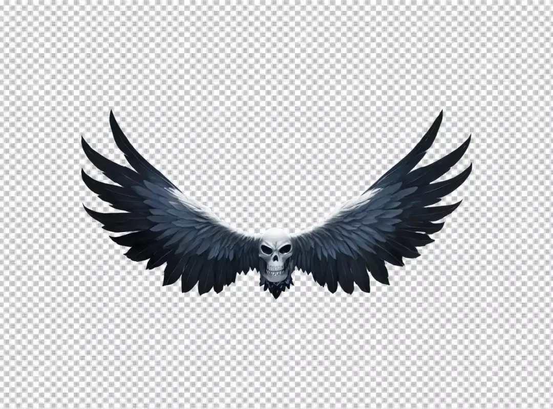 Mythical Skull with Majestic Outstretched Dark Feathered Wings