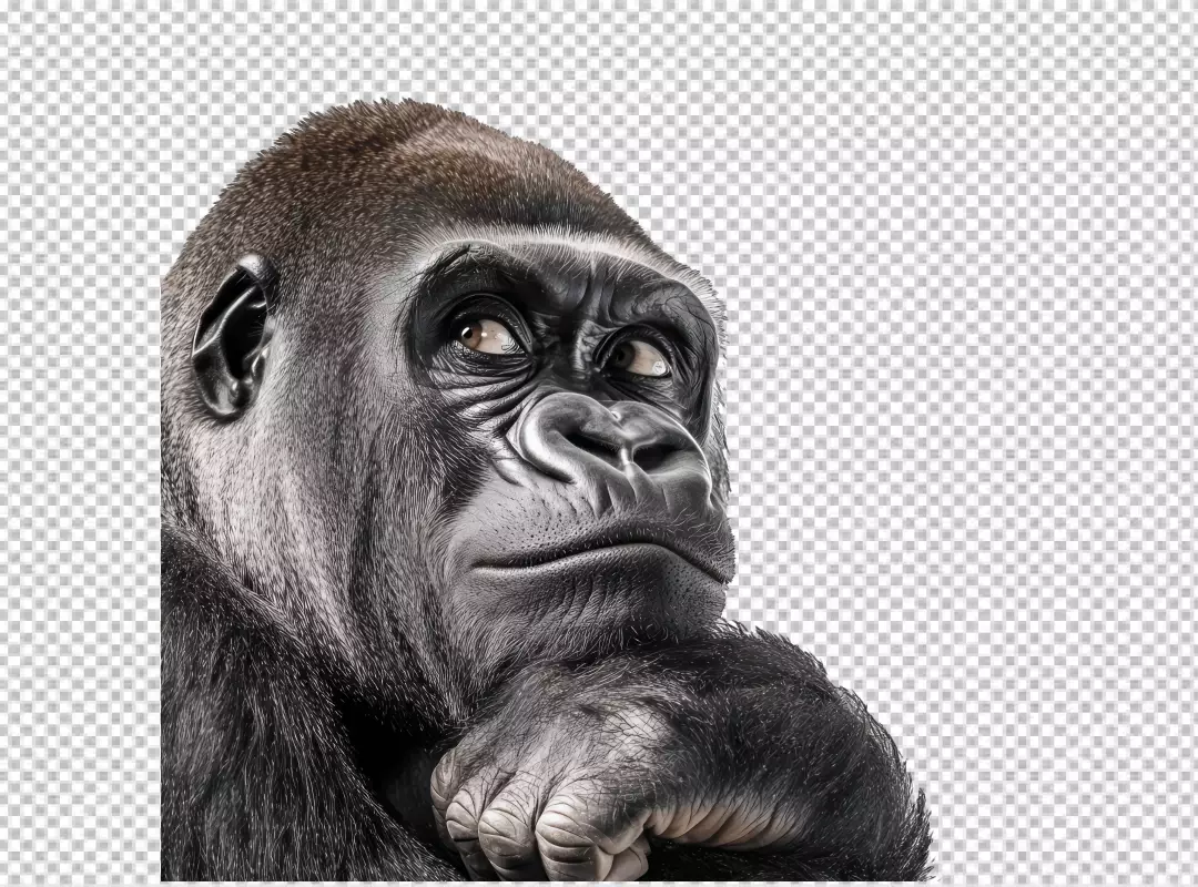 Pensive Gorilla Portrait: Thoughtful Primate Looking Upward, HD PNG Cutout for Design