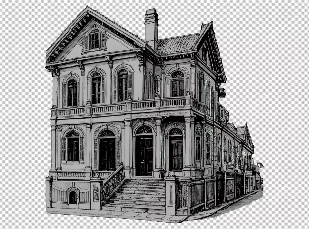 Vintage Architectural Line Art Drawing of a Grand Classical Mansion Building