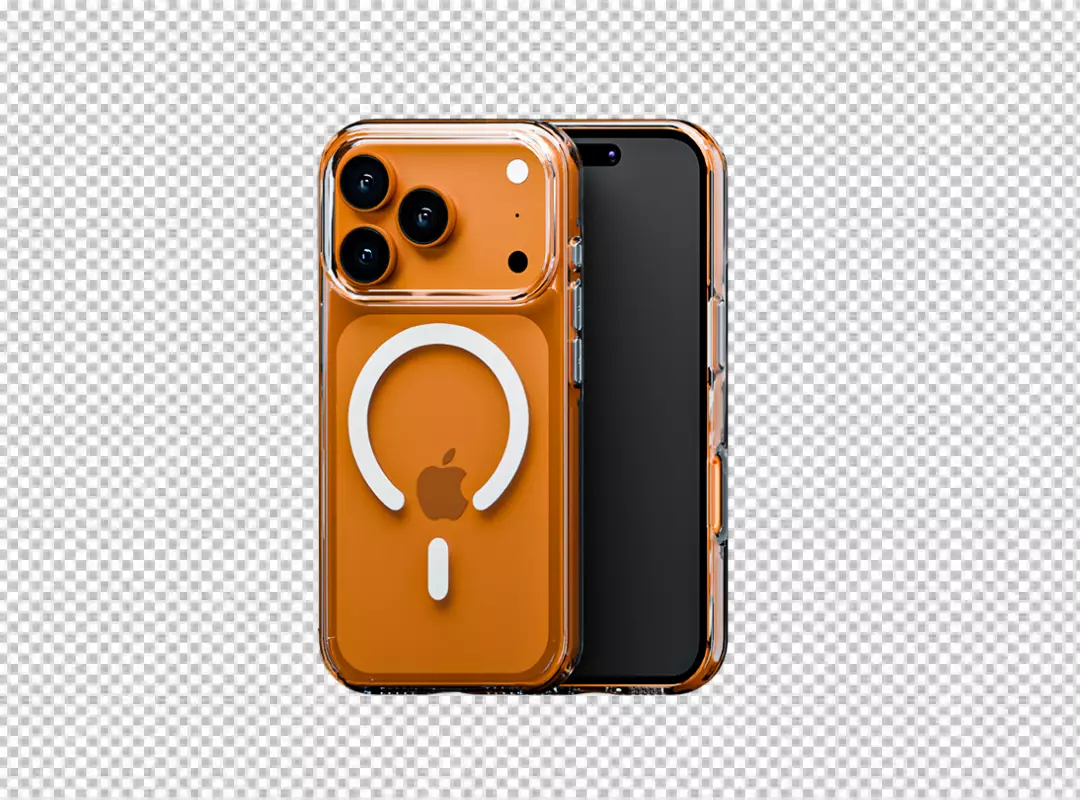 Orange iPhone 15 Pro Max with Clear MagSafe Case and Triple Camera System