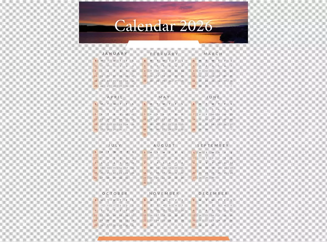 Stunning 2026 Yearly Calendar with Vibrant Sunset over Serene Lake Background