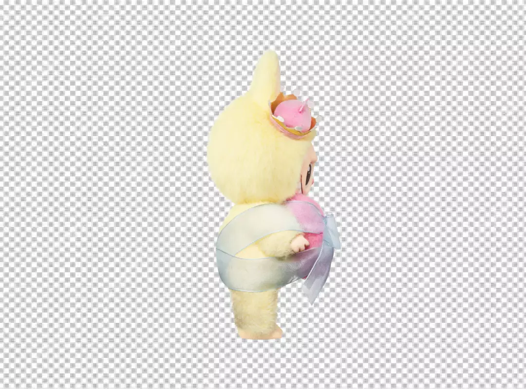 Cute Yellow Fluffy Bunny Character Adorned with Pink Crown and Blue Ribbon