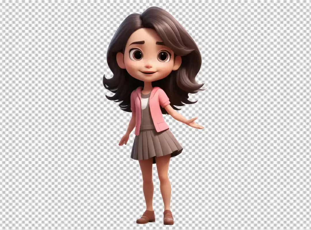 Smiling 3D Animated Girl with Wavy Brown Hair in Pink Jacket and Pleated Skirt