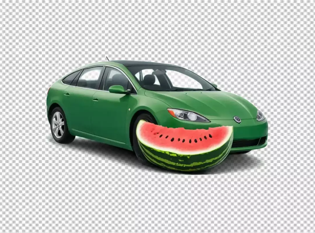 Vibrant Green Sedan with Juicy Watermelon Slice as Creative Car Bumper