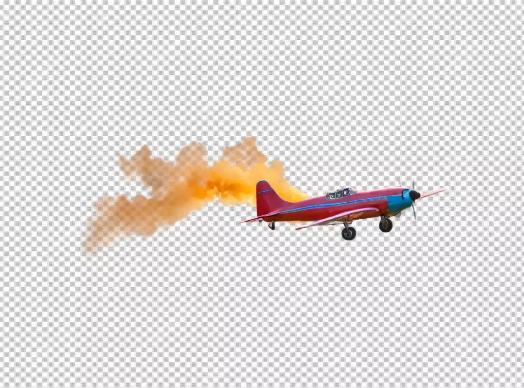 Red and Blue Propeller Plane with Orange Smoke Trail on White