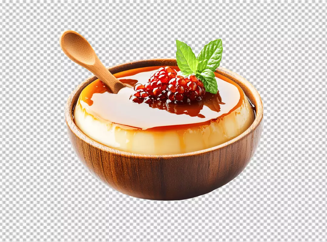 Delicious Caramel Custard Flan Pudding Garnished with Pomegranate Seeds and Fresh Mint Leaves