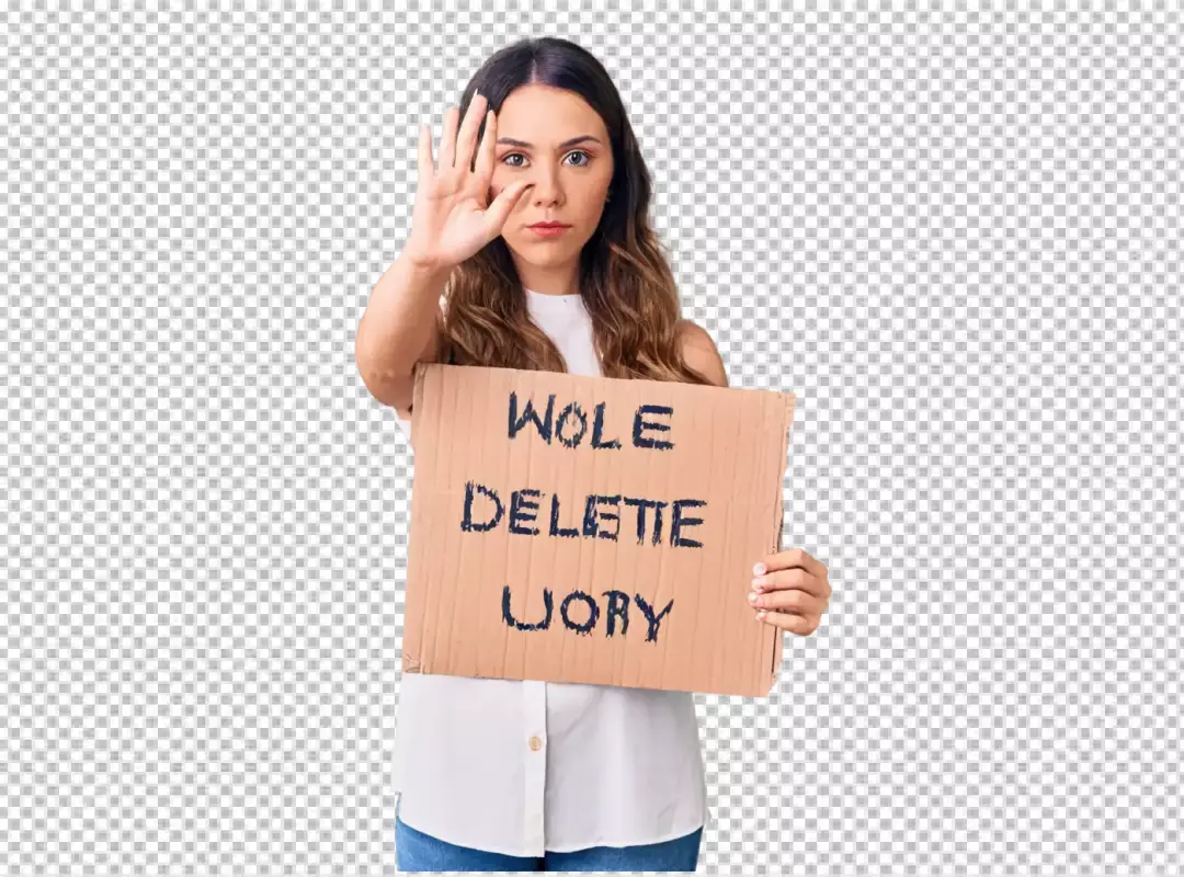 Serious Woman Displays Stop Gesture While Holding Protest Cardboard Sign