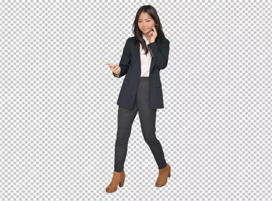 Confident Young Asian Businesswoman Pointing Left in Professional Attire with Thoughtful Expression
