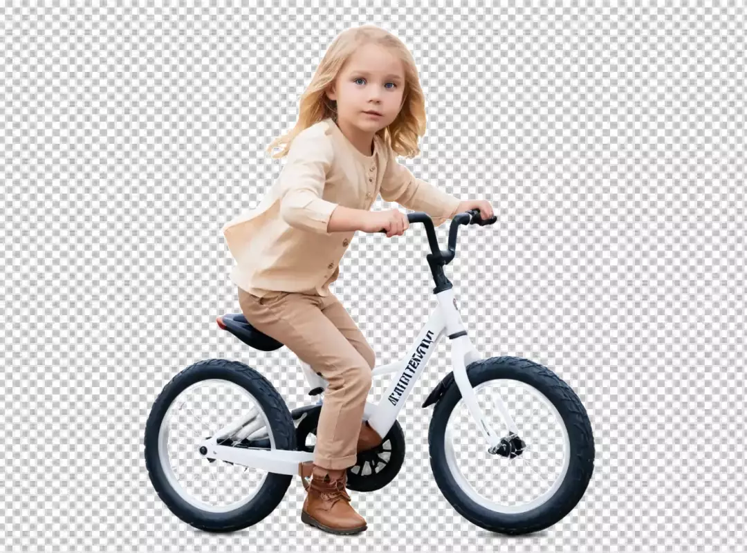 Young Blonde Girl Joyfully Learning to Ride a White Balance Bike