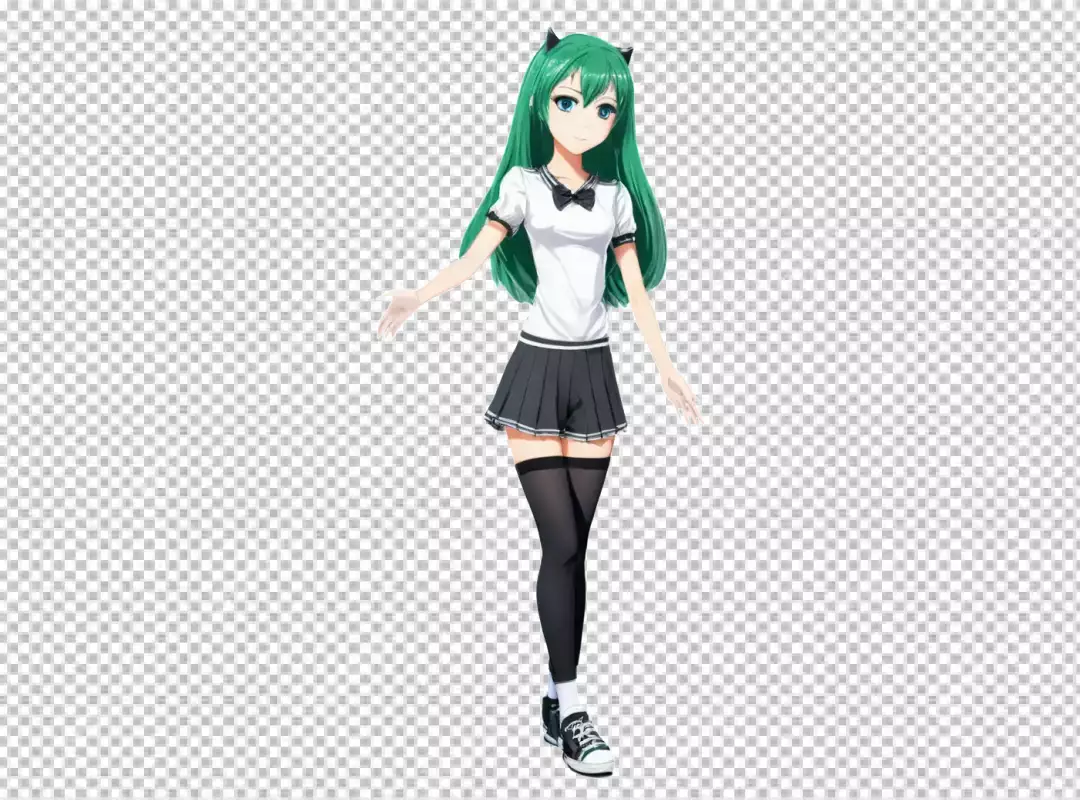 Cute Anime Girl Character with Vibrant Green Hair and Devil Horns in School Uniform