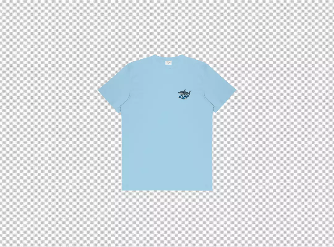 Light Blue T-Shirt with Humorous Shark Wearing Blue Sneakers Graphic Mockup