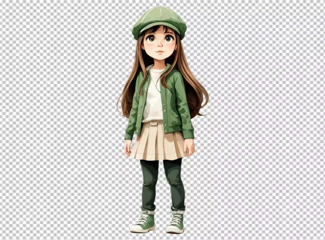 Charming Young Girl in Stylish Green Outfit and Cap Full Body Illustration