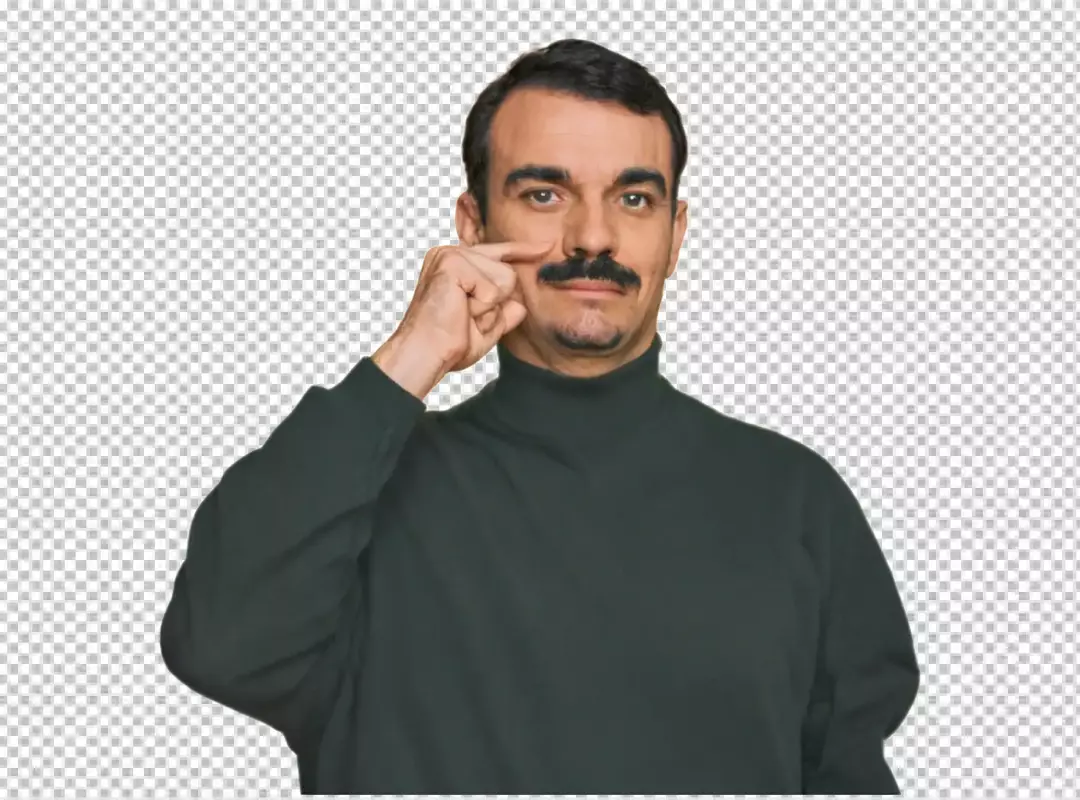 Serious Man with Mustache and Turtleneck Making Skeptical Eye Gesture