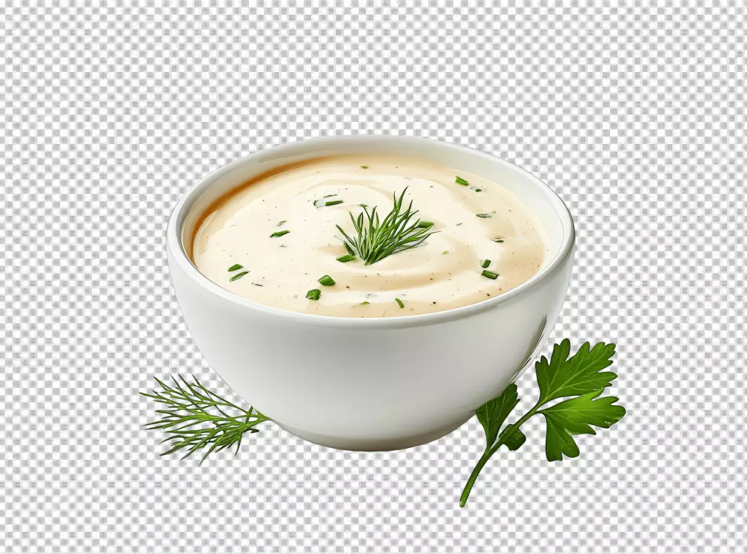 Delicious Creamy Dill and Parsley Sauce in White Bowl PNG