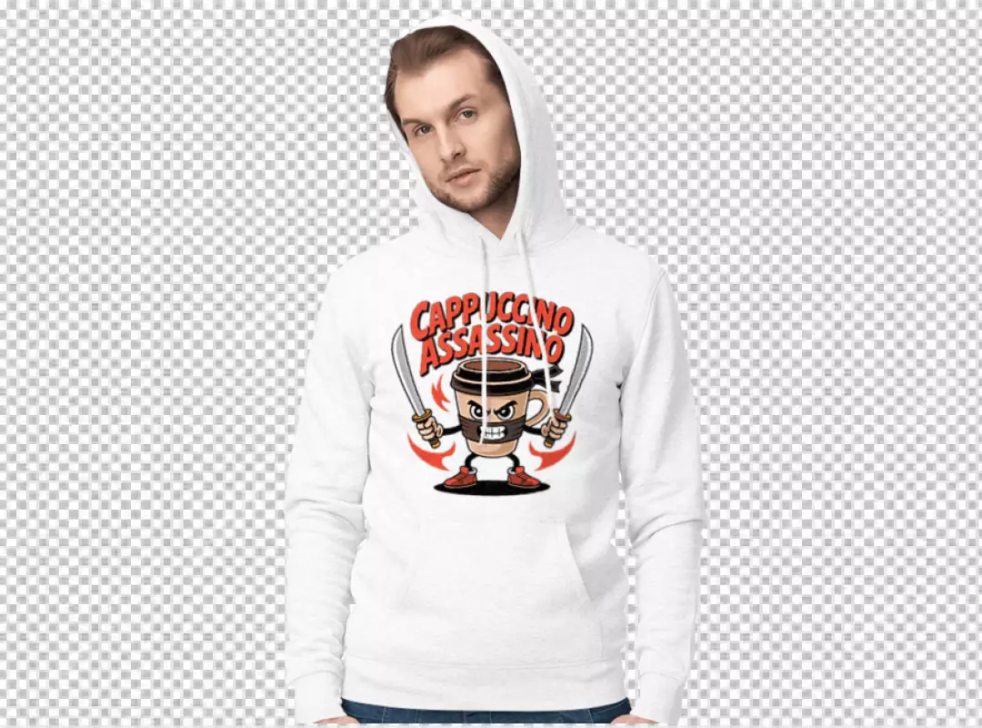 Stylish Man Modeling White Hoodie with Unique Cappuccino Assassin Coffee Cup Design