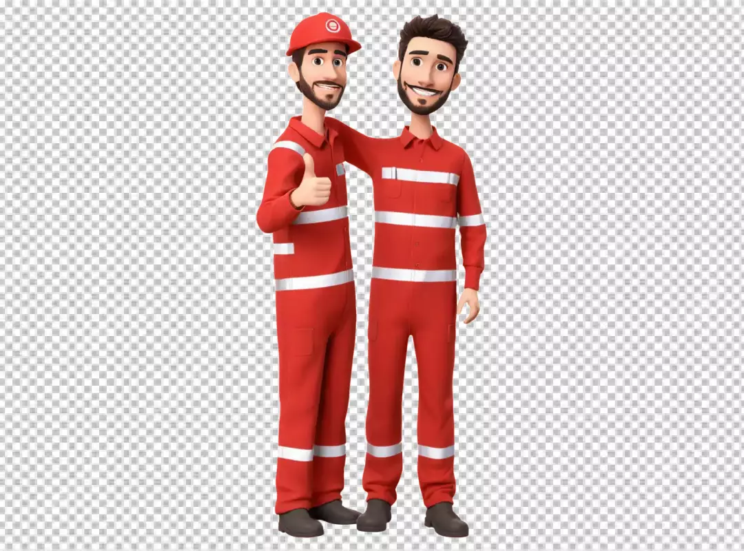 Happy 3D Animated Engineers in Red Jumpsuits Showing Thumbs Up and Teamwork
