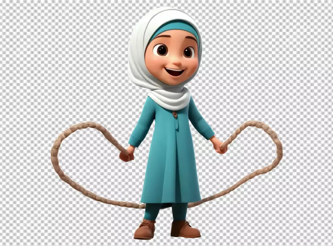 Joyful 3D Animated Muslim Girl in Hijab Forming a Heart with Rope