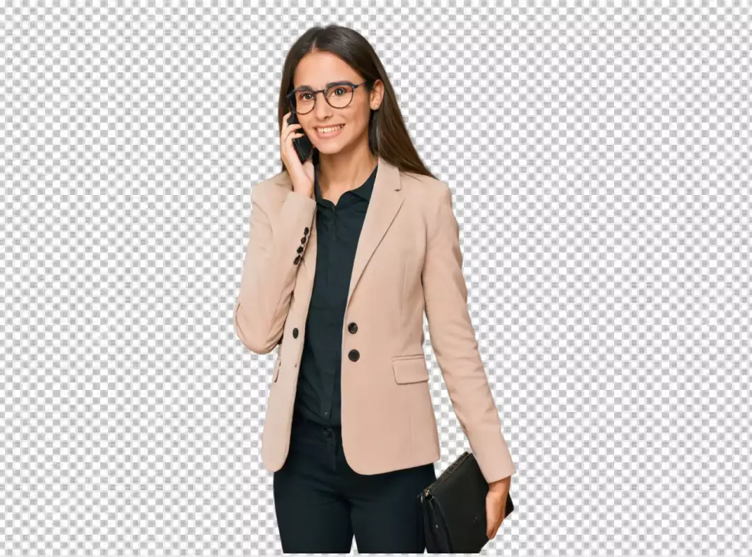 Smiling Young Businesswoman in Blazer on Phone, Professional Portrait on White Background