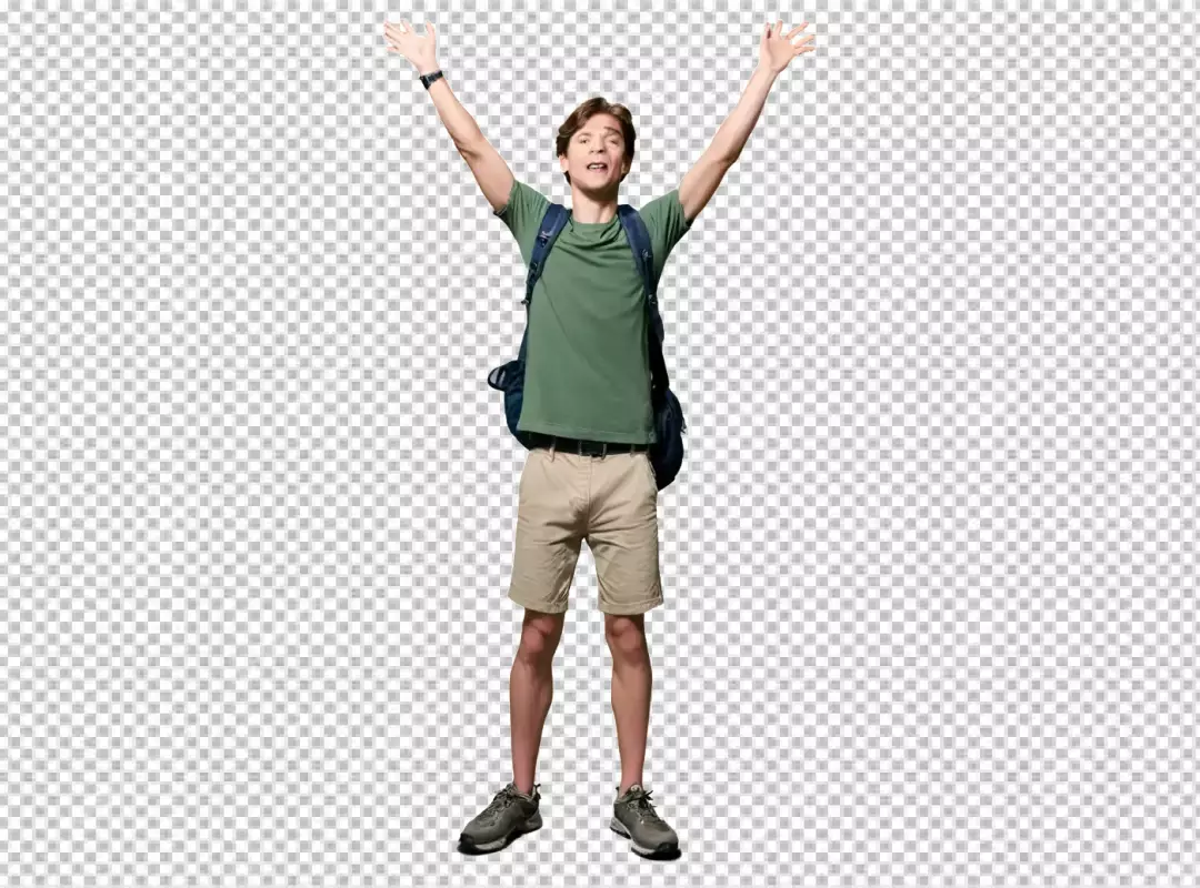 Excited Young Man with Backpack Celebrating Success and Adventure with Arms Raised