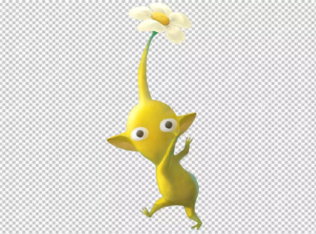 Yellow Pikmin Character with White Flower on Head Standing Playfully