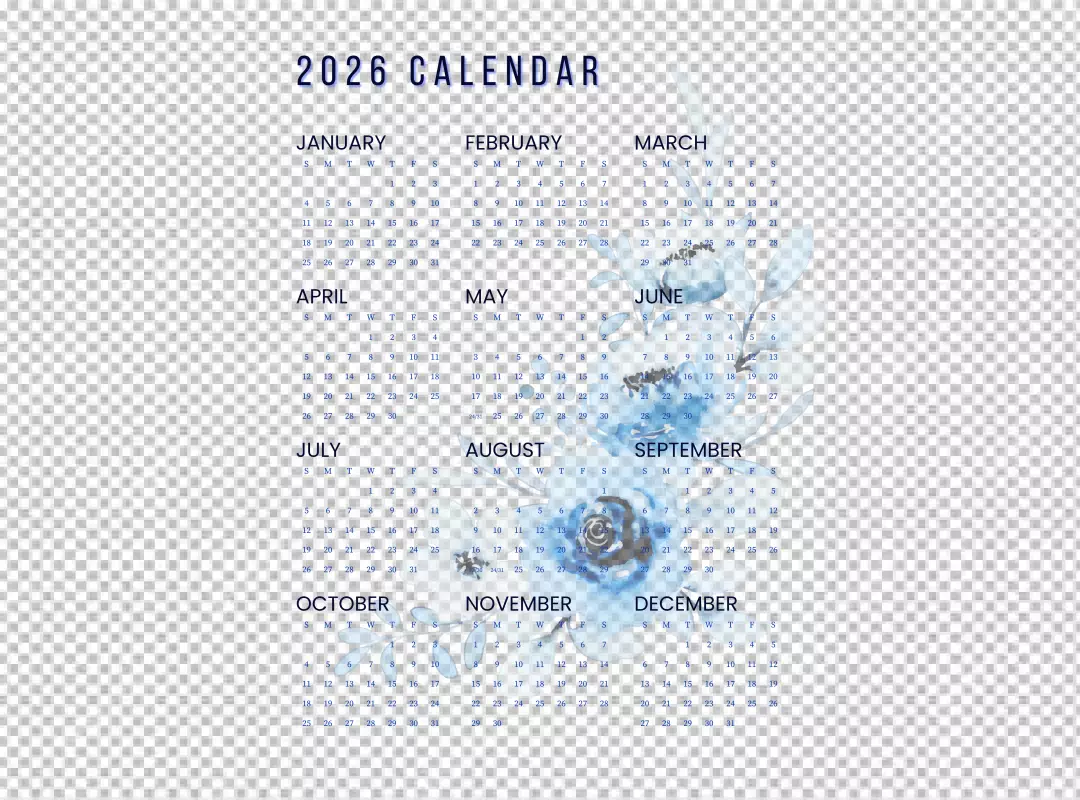 Elegant 2026 Yearly Calendar with Blue Watercolor Floral Design on Black Background