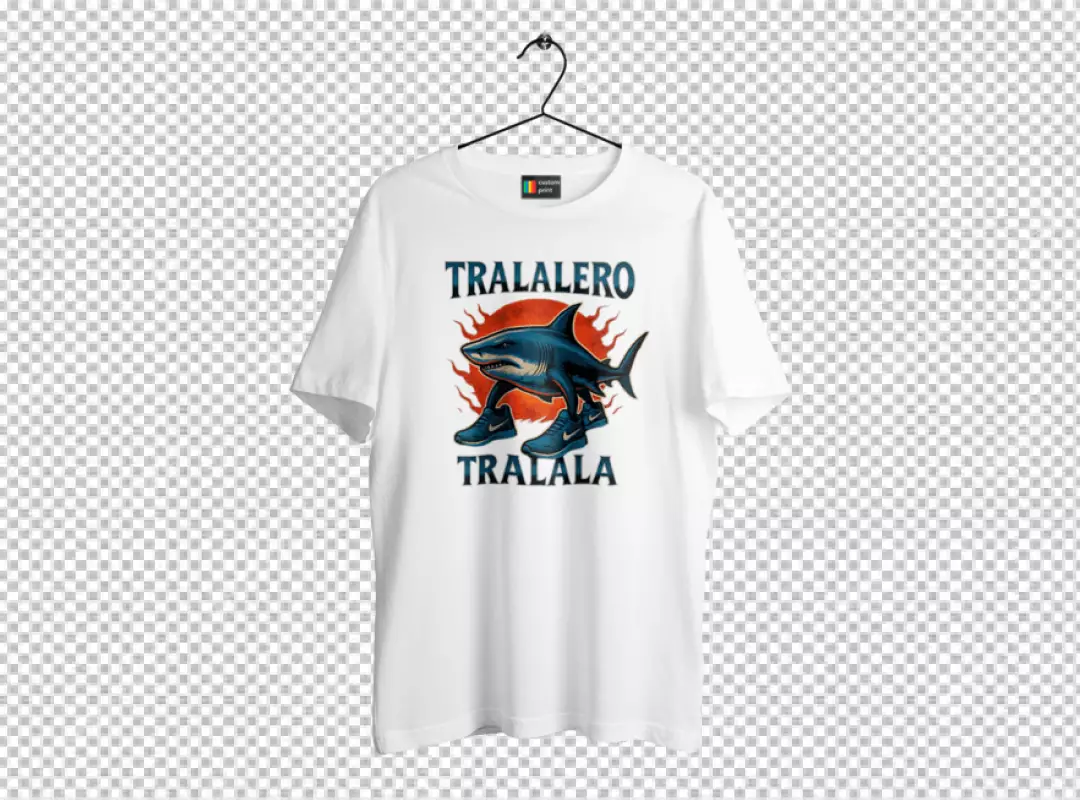 Humorous Shark Character Wearing Blue Sneakers on White T-Shirt Mockup Design