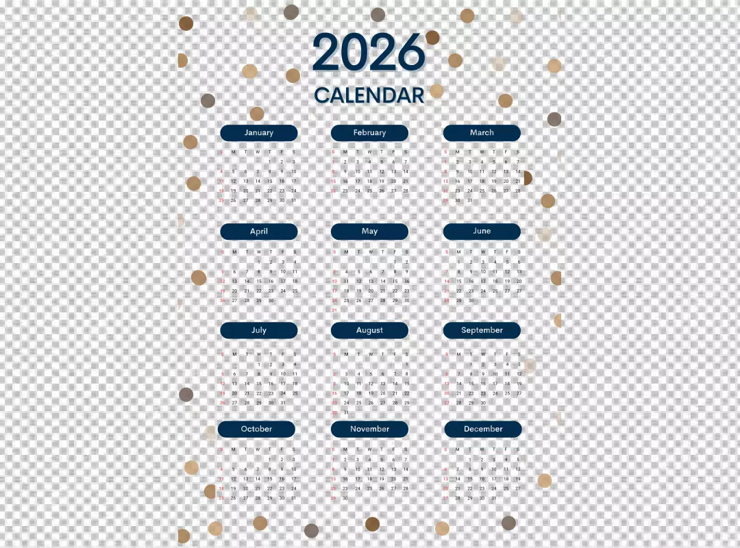 Modern 2026 Calendar with Blue Accents and Earthy Circles on Black Background