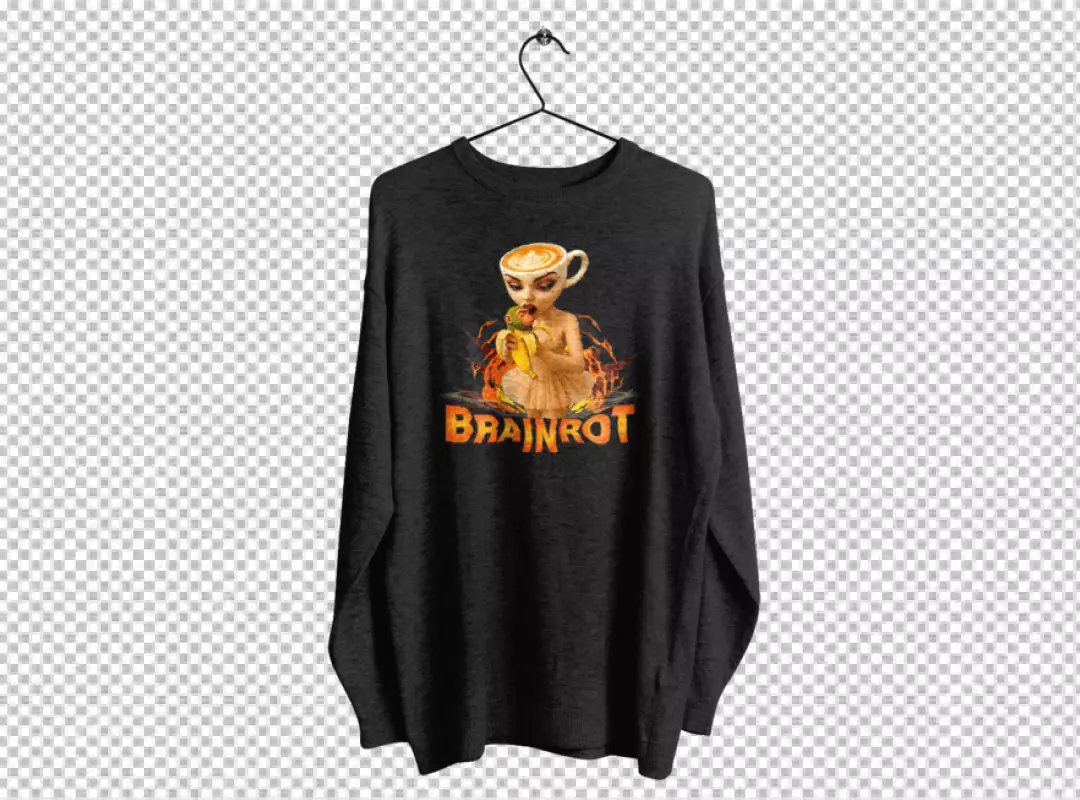 Surreal Coffee Head Woman Eating Banana Brainrot Art on Dark Grey Sweatshirt