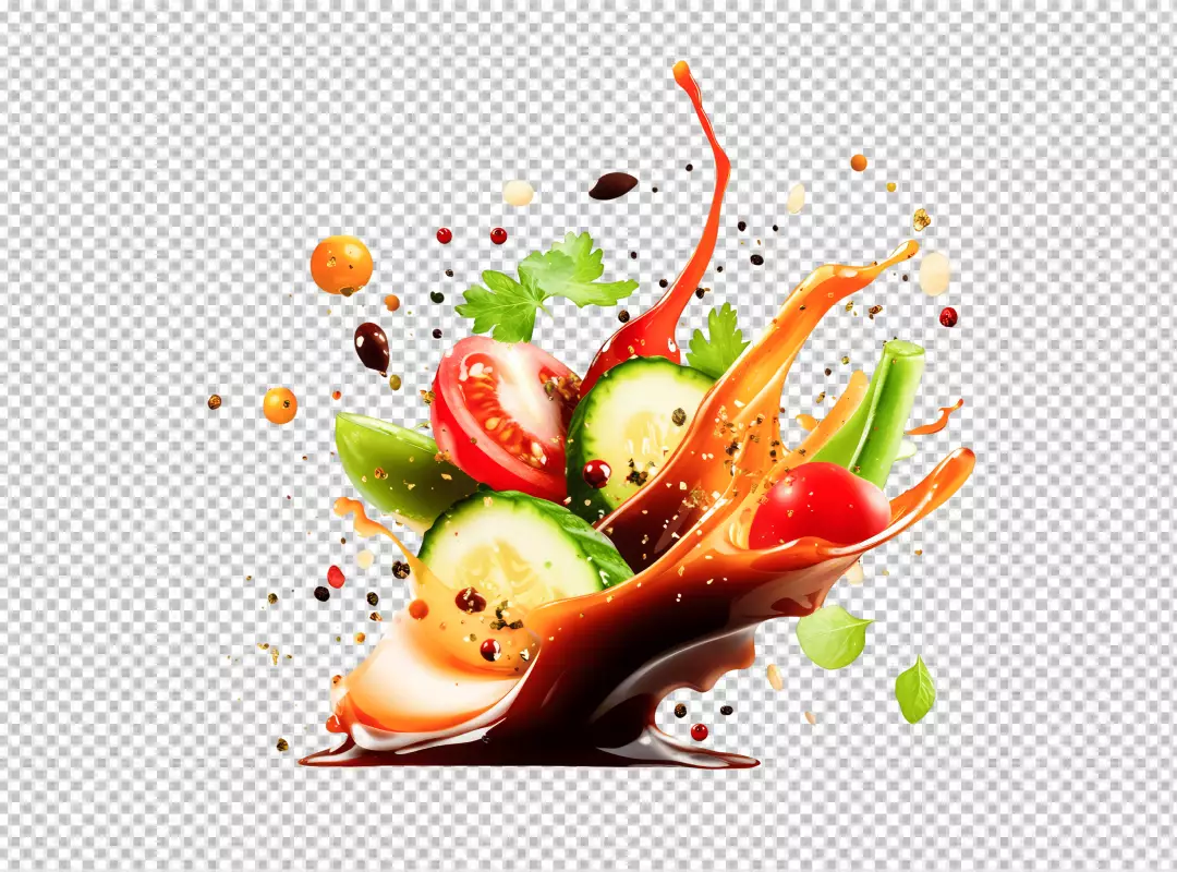 Dynamic Fresh Vegetables Splashing into Delicious Sauce Healthy Salad Ingredients