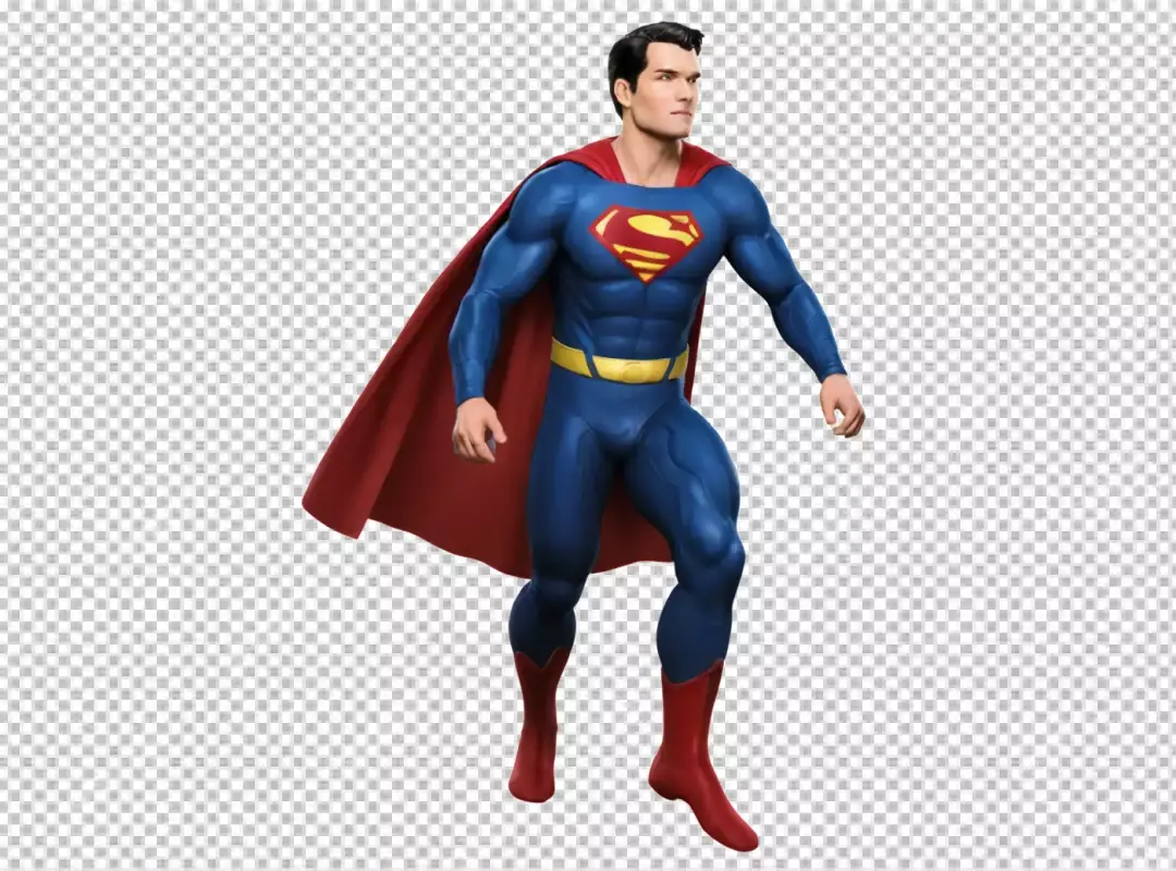 Dynamic Superman in Classic Blue Suit and Flowing Red Cape, Heroic Pose