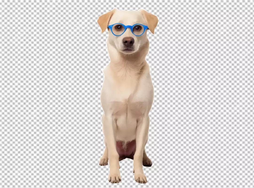 Adorable Light-Colored Dog Wearing Stylish Blue Reading Glasses on White Background