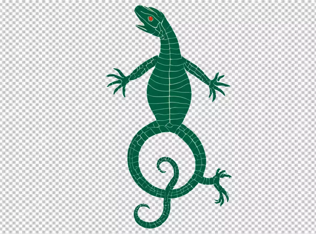 Vibrant green stylized lizard illustration with striking red eyes and a unique curled tail