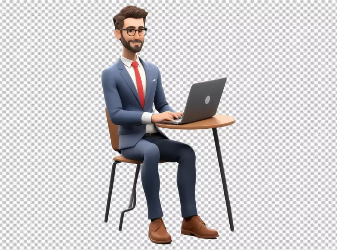 Happy 3D Businessman in Blue Suit and Glasses Typing on Laptop at Wooden Desk