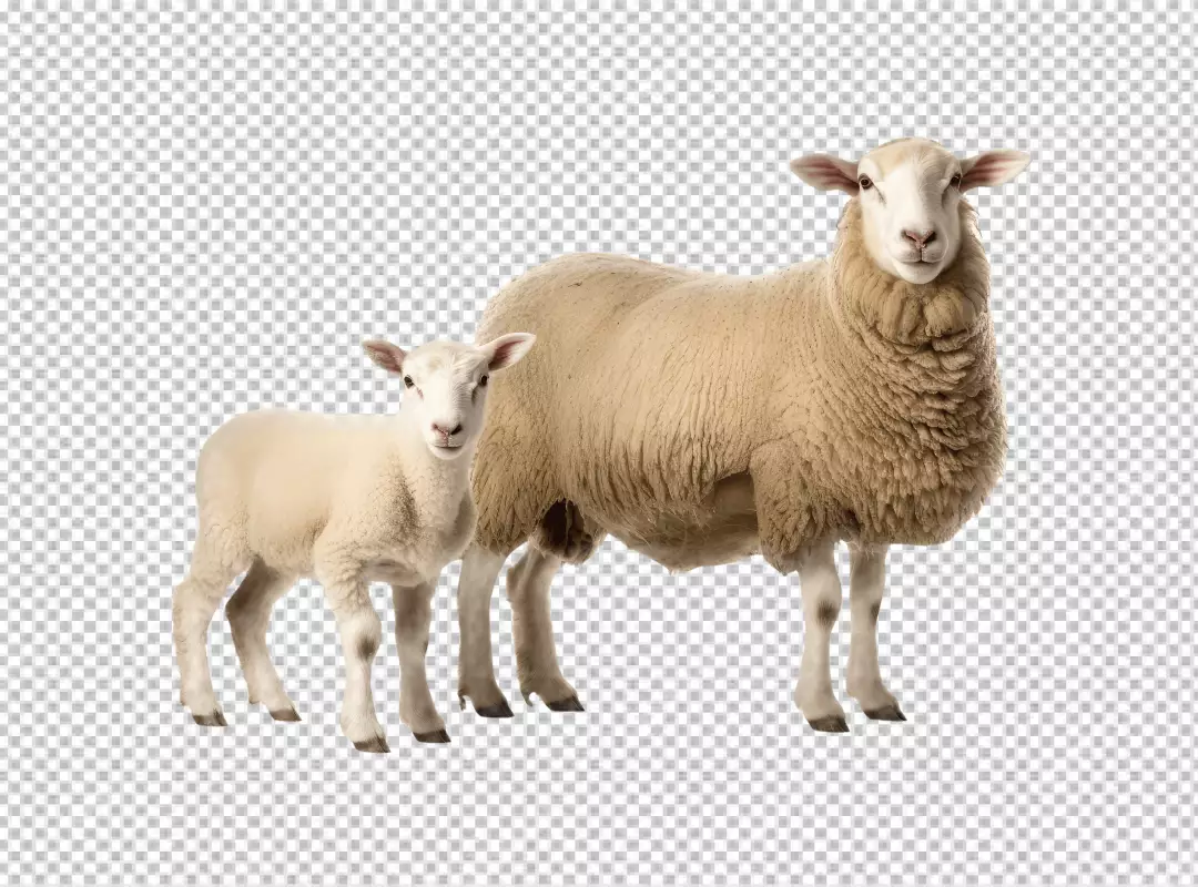 Adorable Mother Sheep and Lamb Standing Together Looking at Camera