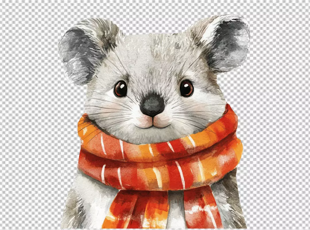 Adorable Watercolor Mouse with Cozy Striped Scarf PNG Download