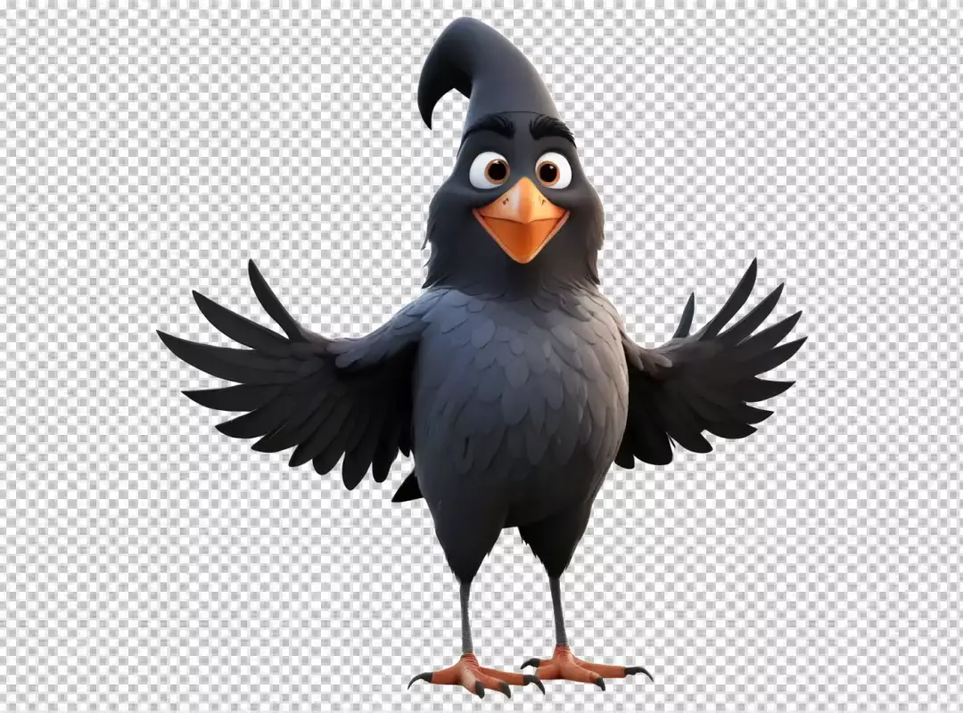 Delightful Black Cartoon Bird with Pointed Head, Orange Beak, and Welcoming Wings