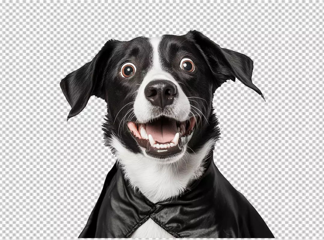 Adorable Dog in Black Cape with Wide Eyes and Big Smile