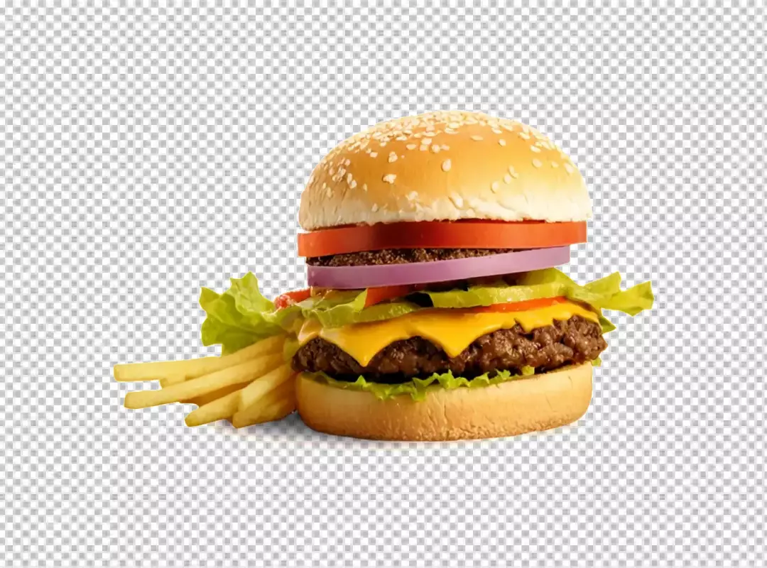 Classic Beef Cheeseburger with Crispy Golden Fries, Fresh Toppings, and Sesame Seed Bun