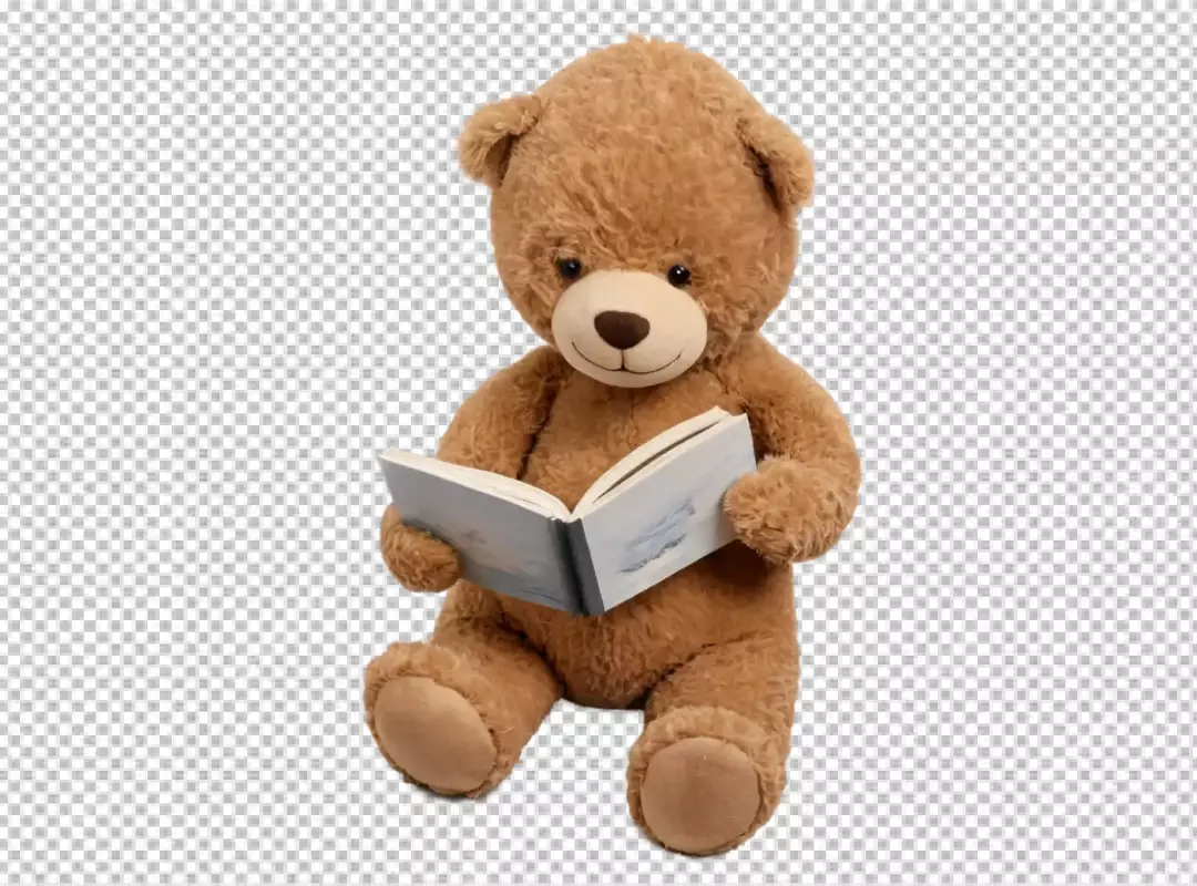 Adorable Fluffy Teddy Bear Plush Toy Reading Storybook on White Background