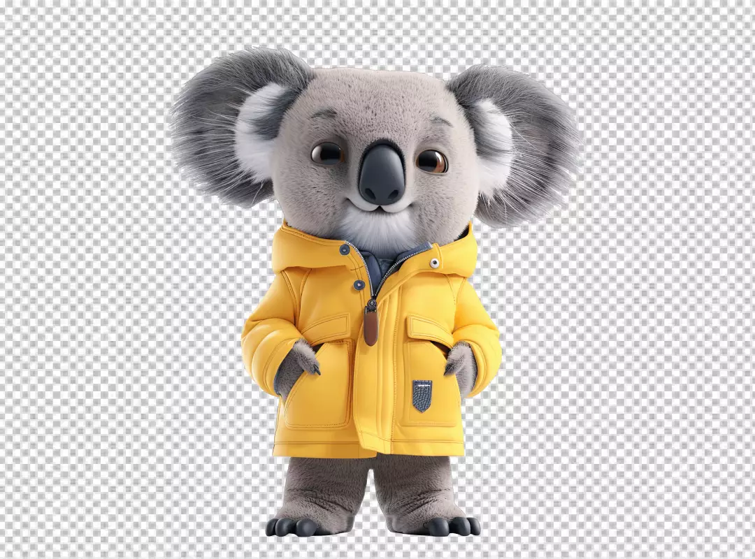 Cute Koala Character Wearing Yellow Puffer Jacket Standing with Hands in Pockets