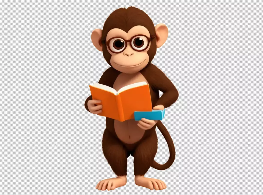 Smart Cartoon Monkey Character with Glasses Reading an Orange Book