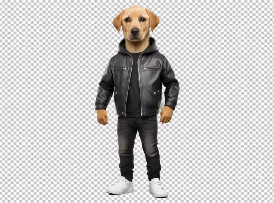 Fashionable Labrador Retriever Dog Character in Stylish Black Leather Jacket Outfit