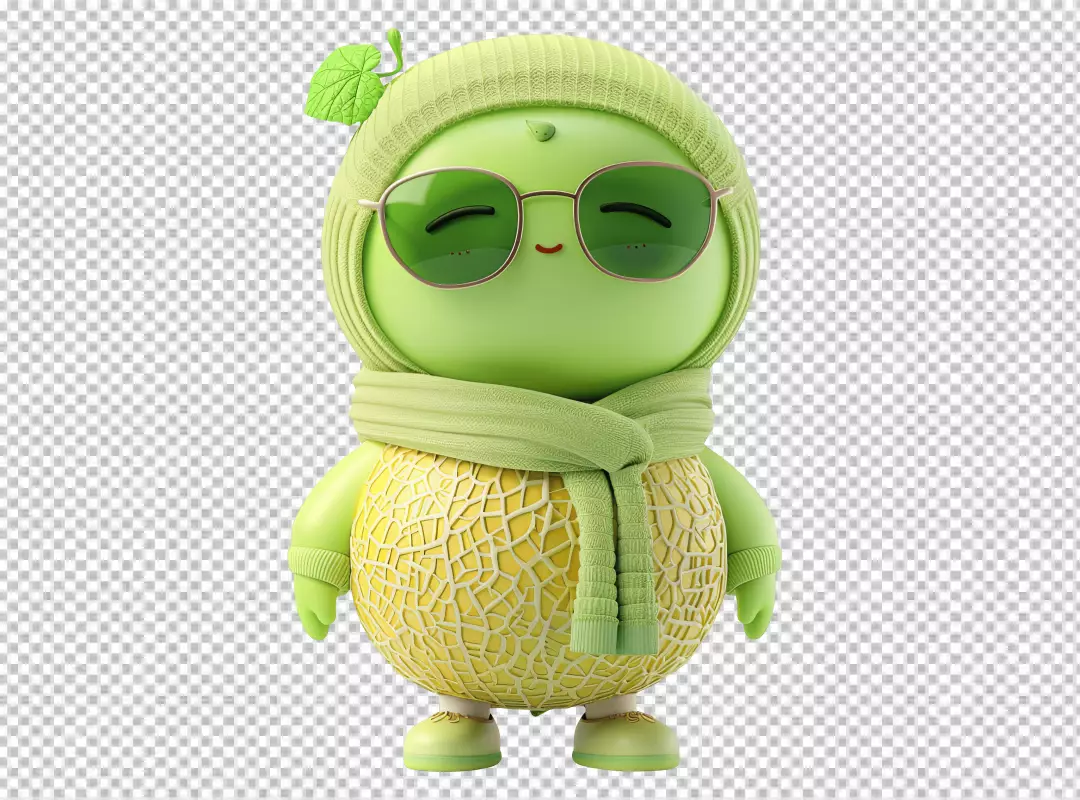 Cute 3D Melon Character in Green Knitted Hat and Scarf PNG Cutout