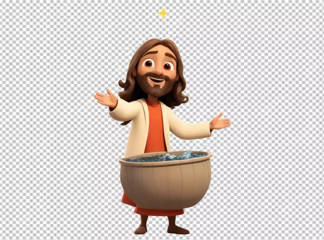 Smiling 3D Jesus Christ figure with outstretched arms emerging from baptismal water with a star