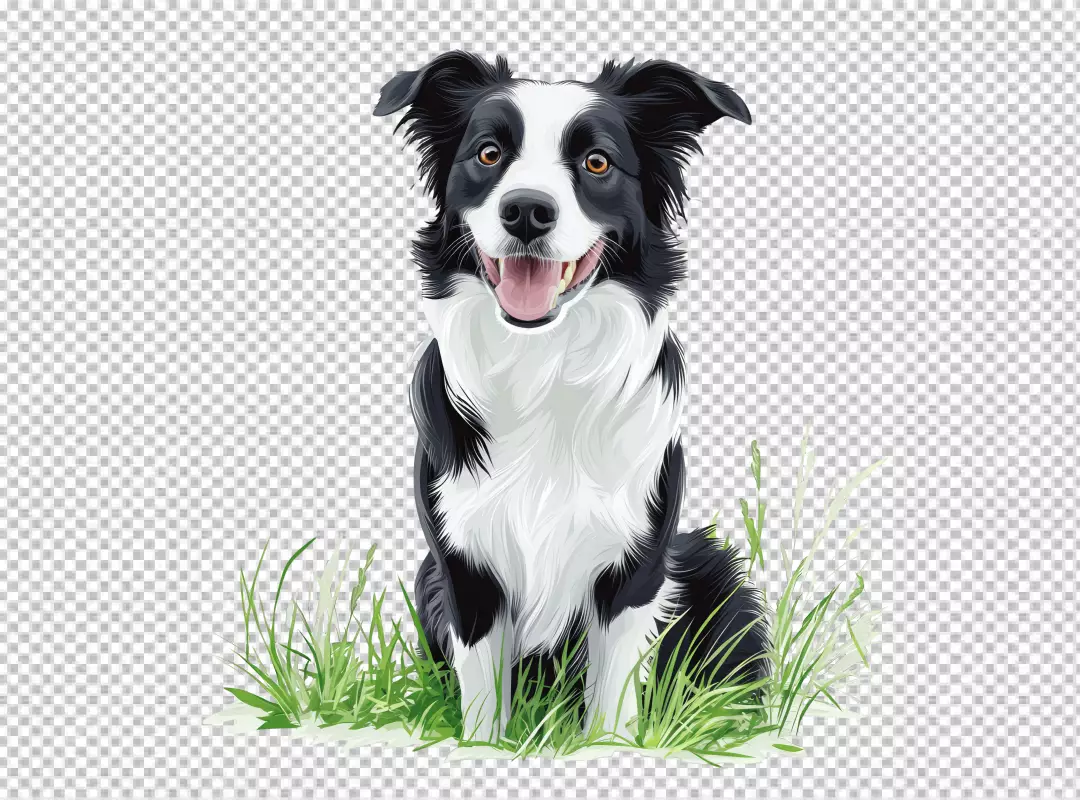 Happy Black and White Border Collie Dog Sitting in Green Grass