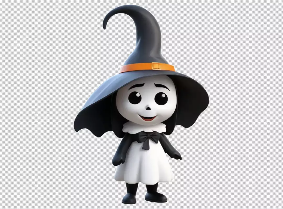 Cute 3D Cartoon Witch Character with Black Hat and Friendly Smile for Halloween